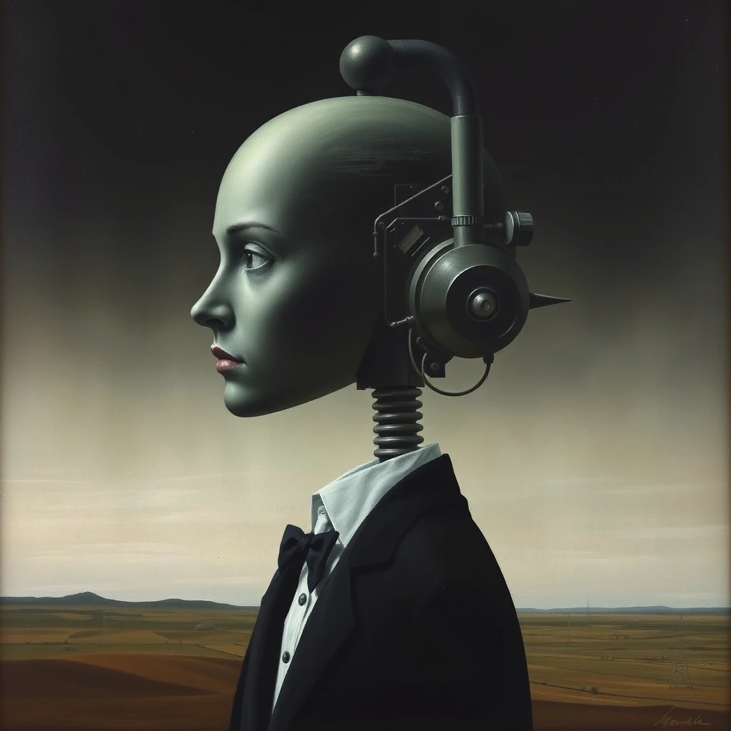 Magritte style dark painting androgynous mechanical human - Image