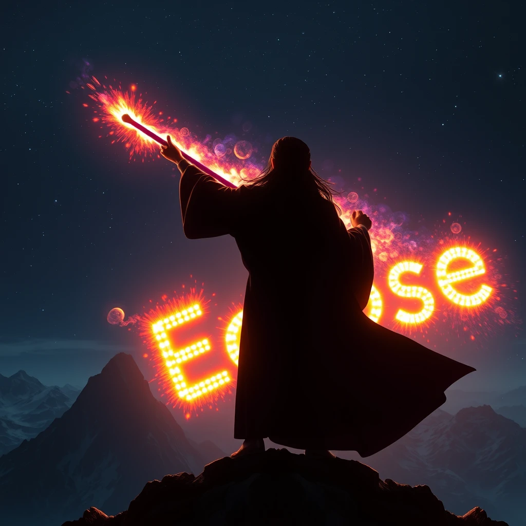 Setting: The peak of a craggy, windswept mountain summit, silhouetted against a dark, starry night sky.  
Character: A young man with long, dark hair, clad in a flowing dark robe, stands with his back to the viewer. He holds his right arm raised, wielding a staff that erupts with a torrent of multicolored magic.  
Action: The magic emanating from the staff forms the word "Eclipse" in vibrant, luminous letters, resembling a dazzling firework display against the backdrop of the night sky.  
Lighting: The magical light from the staff illuminates the surrounding area, casting the wizard's figure in a dramatic silhouette. The stars twinkle faintly in the dark sky above.  
Style: Realistic film style, emphasizing the grandeur of the landscape and the magical effects. The scene should evoke a sense of wonder and awe.  
Color Palette: Primarily dark and atmospheric, with the vibrant colors of the magic standing out in stark contrast. The "Eclipse" word should be formed with a spectrum of bright, distinct colors. - Image