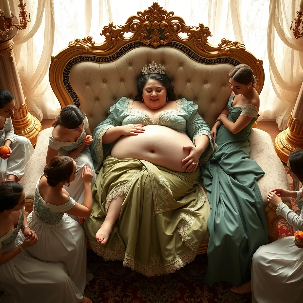 The beautifully plump queen lies on a luxurious and exquisite chaise lounge, with some palace maids massaging her big belly, others feeding her fruit, some grooming her nails, and others giving her foot massages.