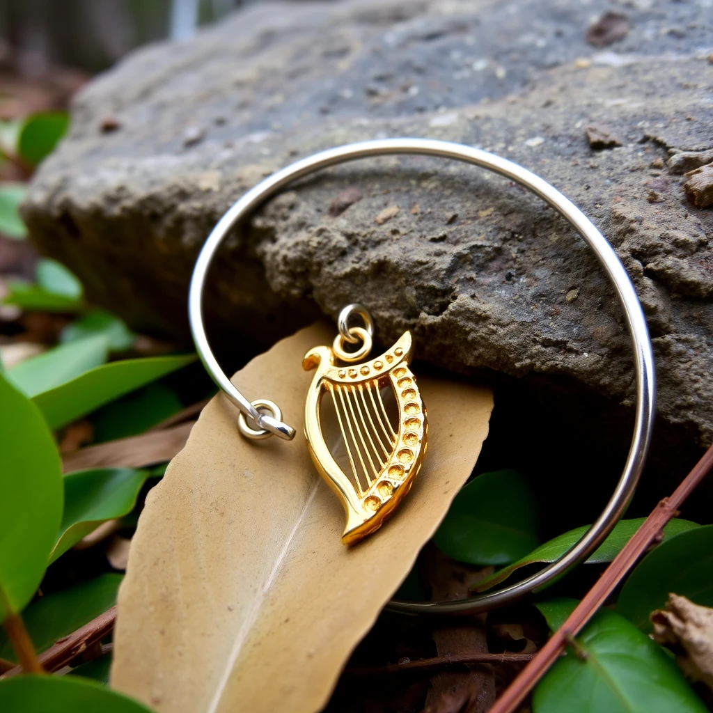 A silver bracelet with a golden flaming harp charm on it. The bracelet is nestled into leaves beside a boulder in a forest clearing.