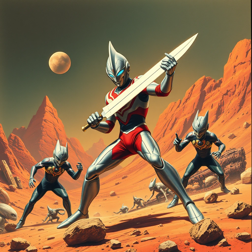 Ultraman,fighting aliens with big knife on 
Mars - Image