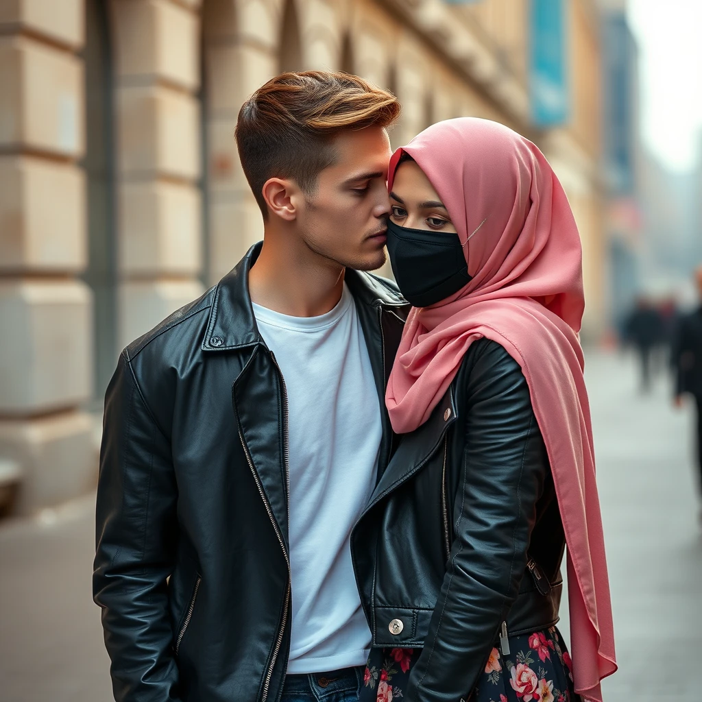 Jamie Dornan's face, hair and body shot, handsome, young, shaved, white T-shirt, blue jacket, jeans, dating love with the biggest soft pink hijab, black leather jacket, black face mask, biggest floral skirt, hyper realistic, street photography.