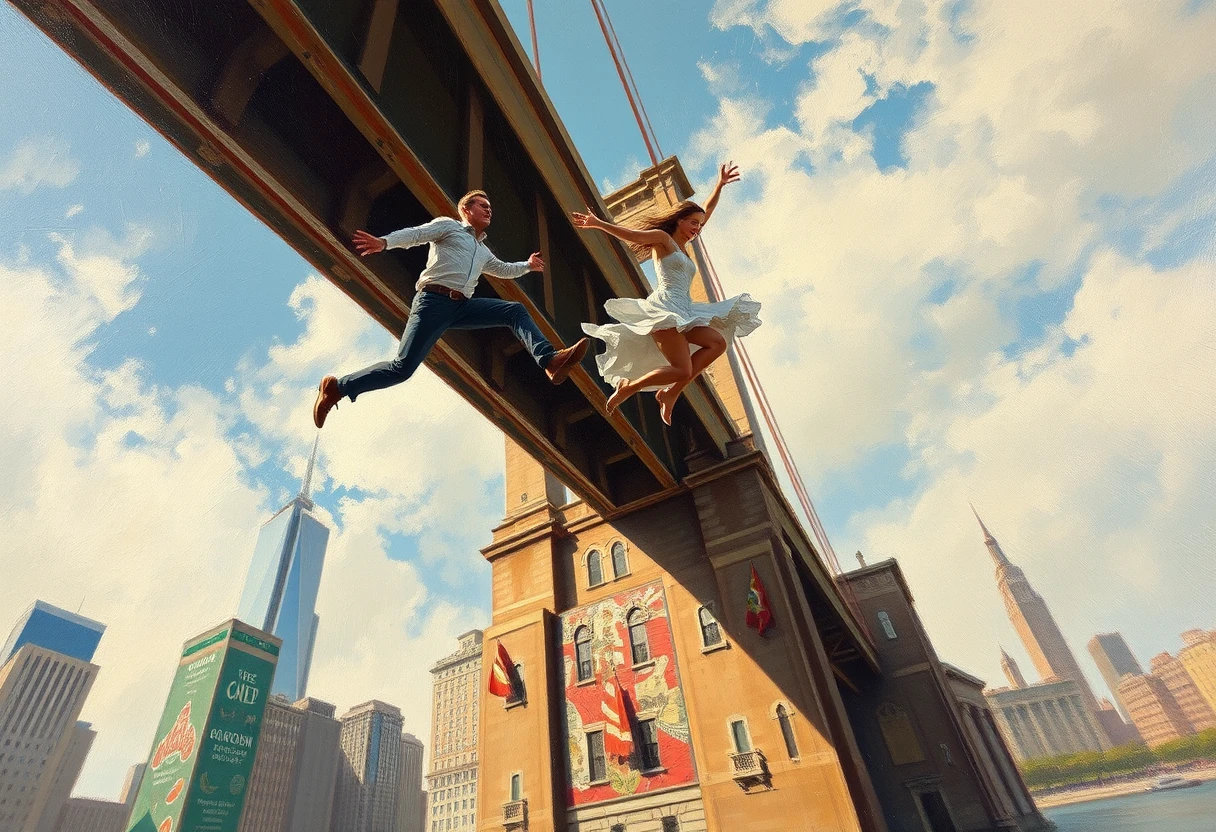 Man and woman jumping off a tall city bridge, highly detailed, oil on canvas.