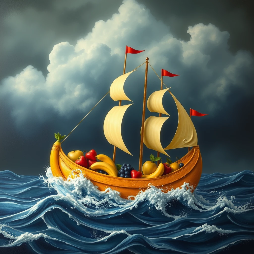 sailing ship made of fruit, sailing through stormy seas