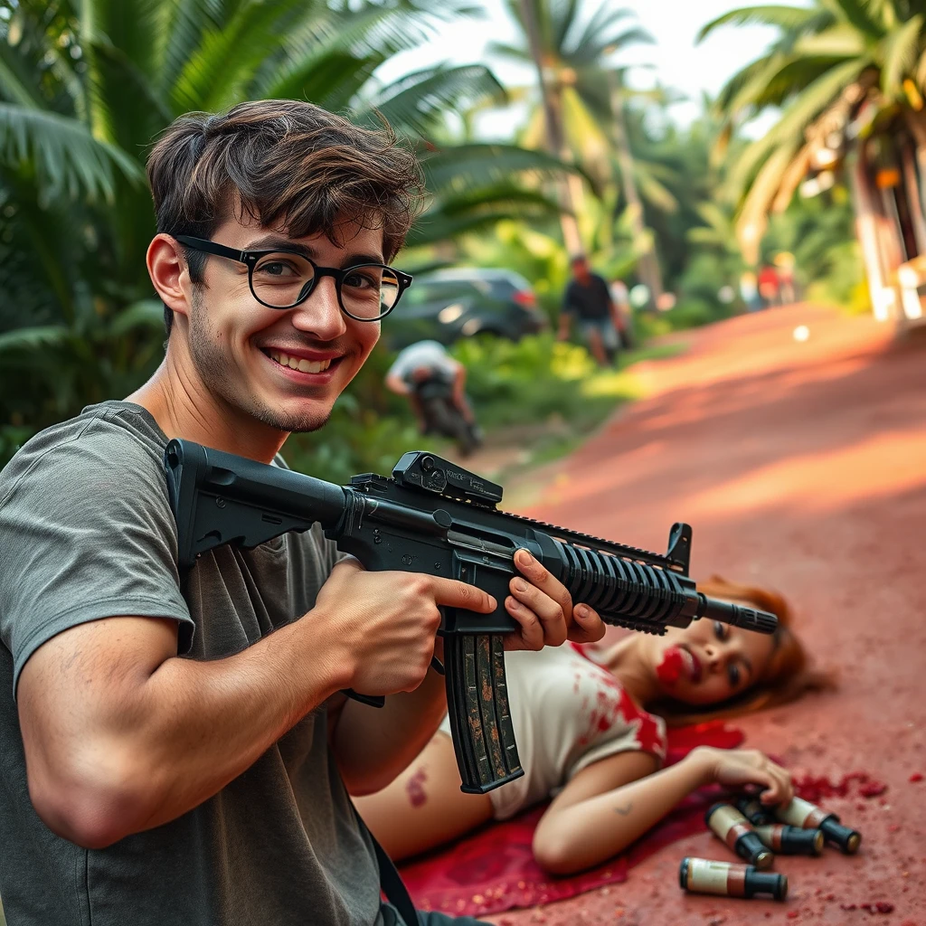 A smiling 20-year-old Italian man with round glasses, reloading an assault rifle while looking at the camera; a young, thin, brown-skinned redhead girl slumped on the ground in the background, covered in bullet holes and bleeding, on a red, muddy street surrounded by tropical vegetation.