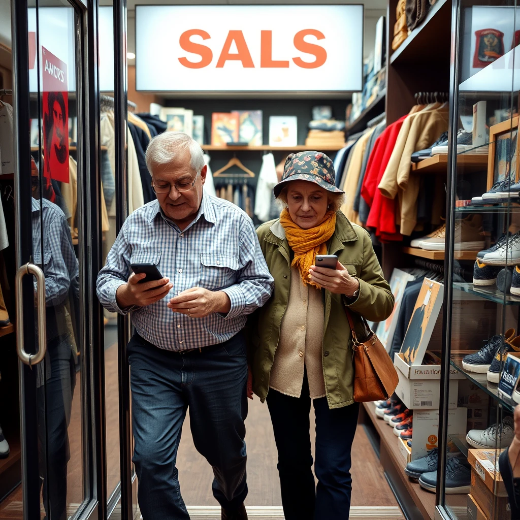 A mid-aged pair of shoes entering a local retail shop with their phones in hand. - Image