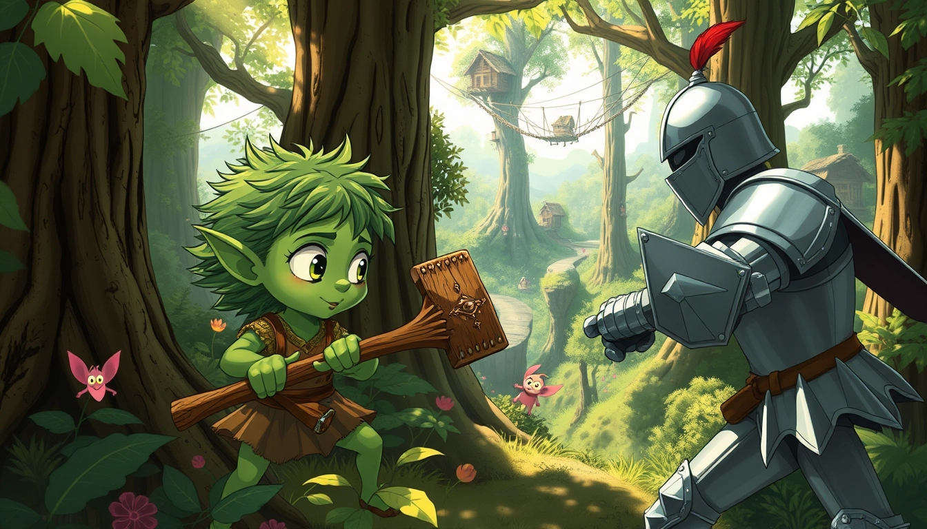 A whimsical forest scene in the style of Studio Ghibli. A petite goblin girl with emerald skin, large expressive eyes, and wild moss-green hair wields a rustic wooden axe. She faces off against a human female knight in shining silver armor. The goblin girl is gaining the upper hand, her movements nimble and determined. Sunlight filters through lush foliage, casting dappled shadows. Colorful forest spirits peek out from behind ancient trees, watching the confrontation with curiosity. The background features a distant treehouse village connected by rope bridges. Soft, earthy color palette with vibrant pops of magic. Flowing linework and ethereal atmosphere typical of Miyazaki's films.