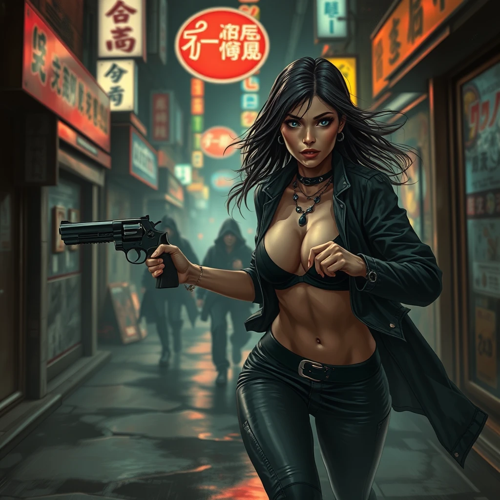 sexy alluring cyberpunk female running down a dark dystopian urban alleyway being chased by cyberpunk assassins in hooded cloaks, holding a revolver pistol in her left hand, bokeh, depth of field, cybernetic implants, grunge graffiti art style, street fighter style, japanese shop signs, neon lights with realistic lighting, dark and gloomy, comic book art style with rough lines, realistic lighting, realistic reflections, high quality, 8k, concept art, close up over the shoulder camera shot, realistic hands