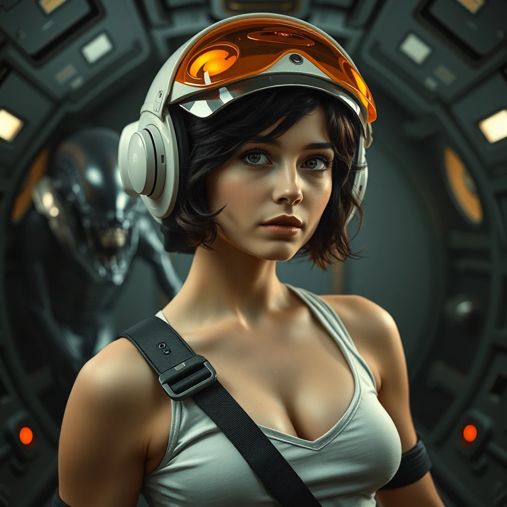 Early Renaissance portrait painting by Sandro Botticelli and Donatello. 27-year-old Ellen Ripley from the movie Alien, cropped short dark wavy hair, white tank top. Wearing 1950s vintage black spacesuit cadet uniform with steampunk accessories inside a futuristic spaceship. Gorgeous, giddy heroine, white space helmet with glowing orange translucent glass visor and goggles, deep v-neck, woman, journey to space, tense, whiplash curves. Dynamic pose, hyperdetailed, hyperrealistic. In the style of 1980s American sci-fi Space Agency movie poster. Volumetric lighting. Dark gothic and moody thriller horror Xenomorph Alien in the background. - Image