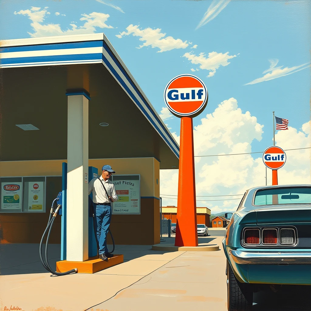 Getting gas at the Gulf gas station, as painted by Arthur Sarnoff.