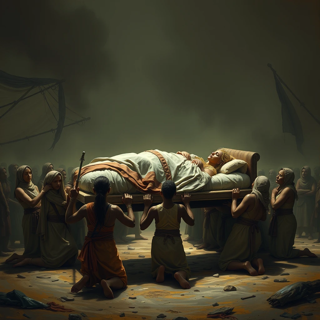 A group of female slaves kneels to carry a huge bed, and the queen lies on it resting. - Image