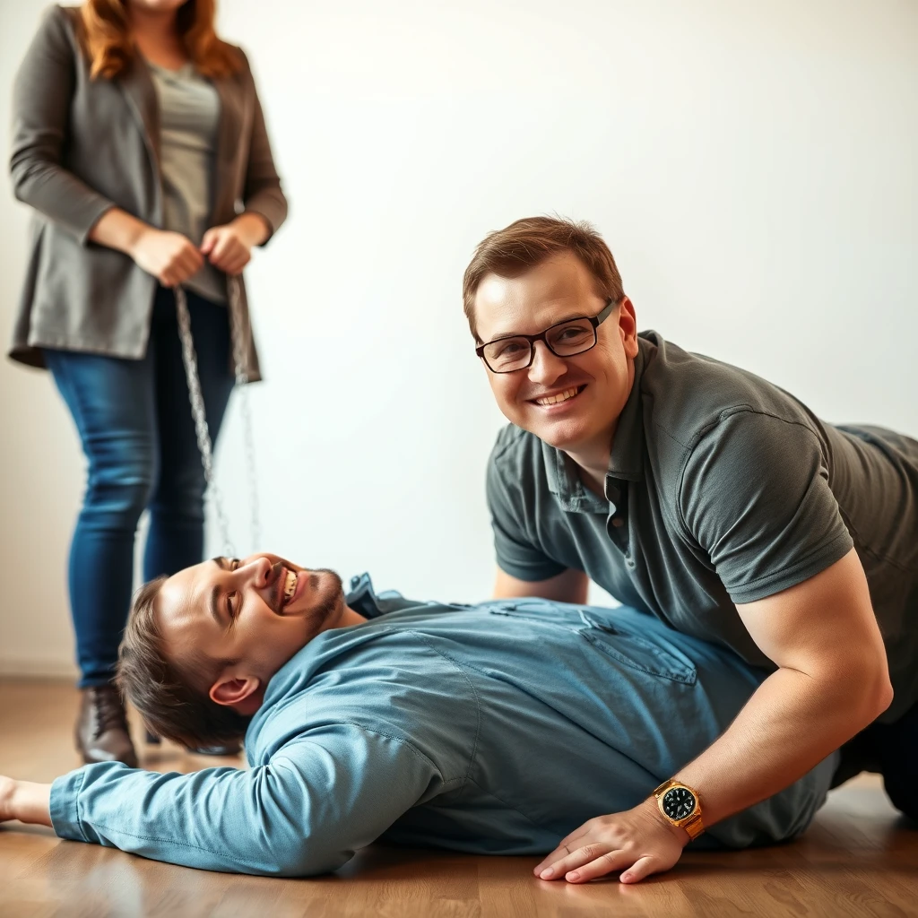 Can you generate an image of a woman standing while holding a chain connected to a collar that a man is wearing while crawling on the floor? The man is wearing glasses and smiling. He is young and a little plus sized and both subjects are of Caucasian descent. - Image