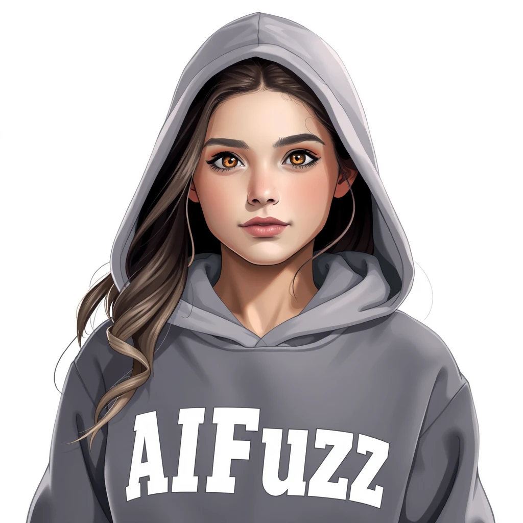 A girl with a hoodie that says AIFuzz on it. - Image