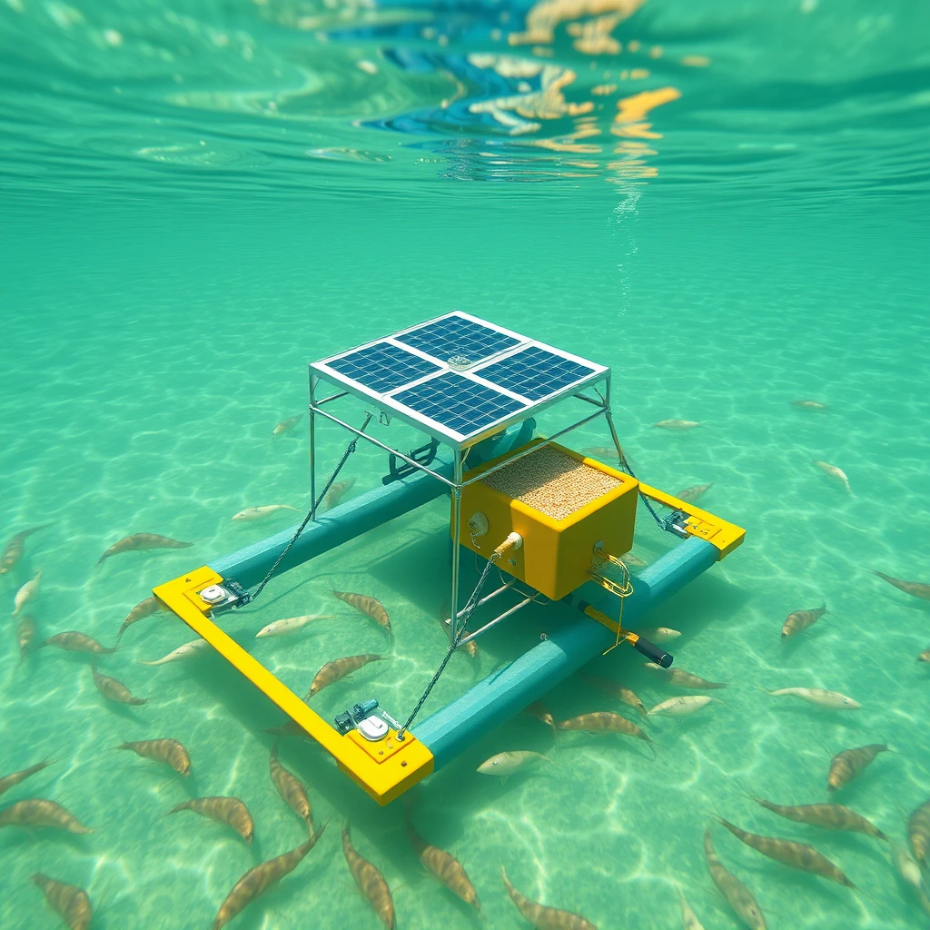 Smart floating feeding system in shrimp aquatic farm, that senses shrimp presence and navigates autonomously there to dispense the food grains, powered by solar panels and on catamaran hull that can be deployed remotely. - Image