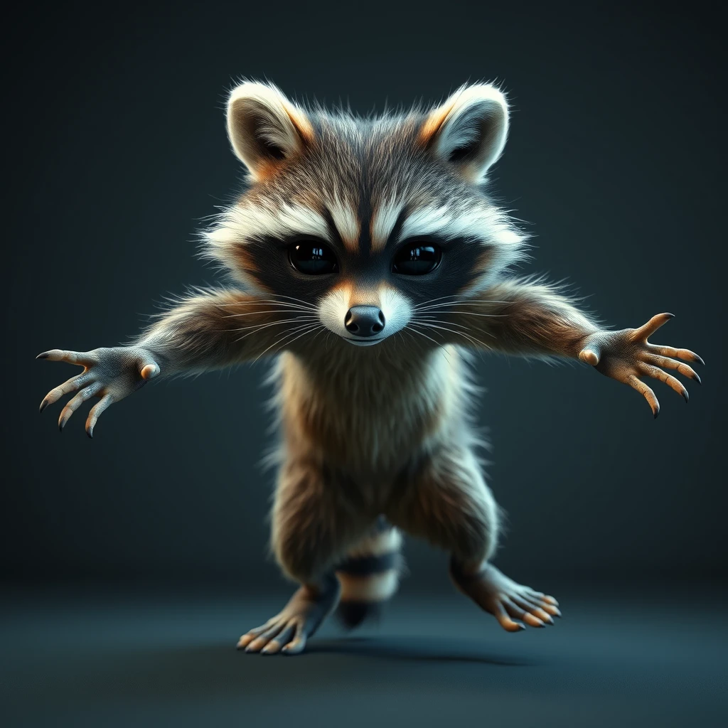 3D movie still of an anthropomorphic raccoon. He stretches while his slender toes go wild, spreading extremely wide sideways. Visible soles. - Image