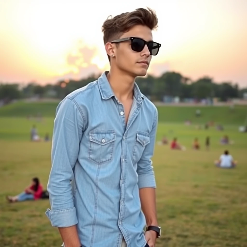 A young man, wearing a light blue denim shirt, stood by a large lawn. He wore a pair of black-framed sunglasses and had a slender build, about 1.70 meters tall and weighing 80 kilograms. He was leaning sideways with a cigarette in one hand, as if he was deep in thought about something. In the background is a sunset like a burning cloud, and many people can be seen sitting in twos and threes on the lawn. The whole atmosphere of the picture is very relaxing and leisurely. - Image