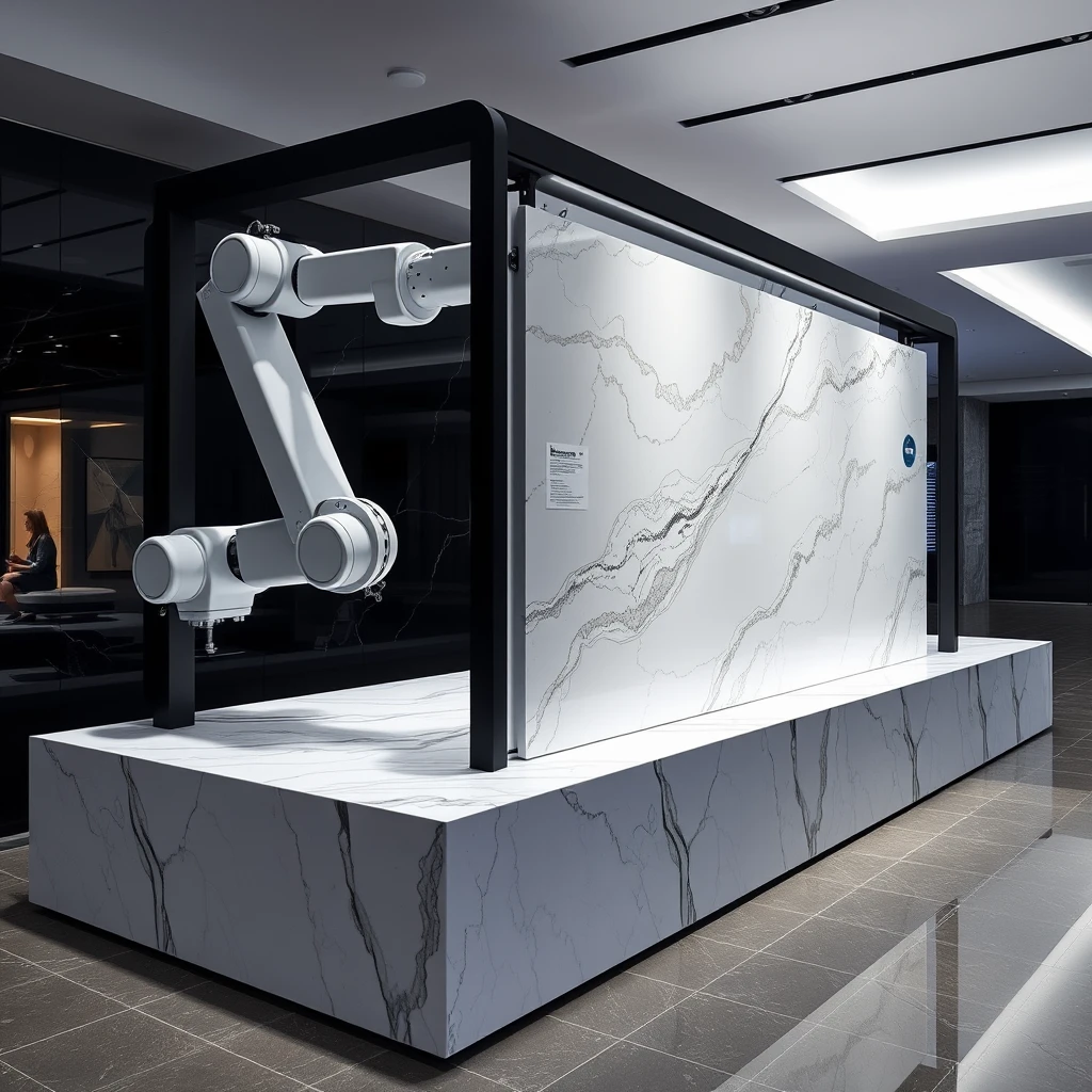 Smart, stylish robotic display system that can hold large 4-meter sized, polished marble panels such that the marble can be oriented vertically or horizontally, in book match format, for best viewing experience.