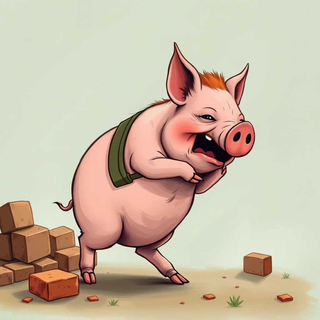 A pig standing and walking is carrying bricks and crying. - Image