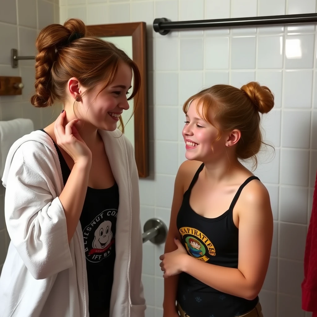 Hermione giggles as she helps Ginny get ready for their post-practice shower at summer camp. - Image