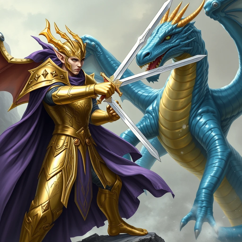 Gold and silver paladin devoted to Bahamut, the paladin doubled in size by an elf mage in a purple robe. The paladin is swinging a sword at a blue dragon with scars across the dragon's body. The paladin and elf are on the left, the dragon on the right.