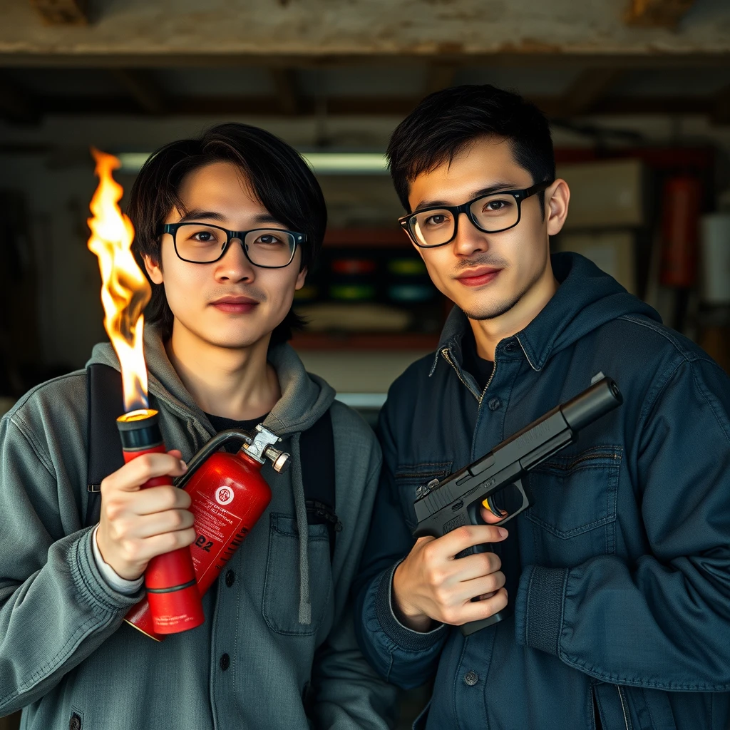 A 21-year-old white Chinese man with square prescription glasses and mid/long hair, and a 20-year-old white Italian man with round prescription glasses and short hair, are together in a setting resembling an old garage. The Italian man is holding a welding torch built into an extinguisher, while the Chinese man is holding a pistol. - Image