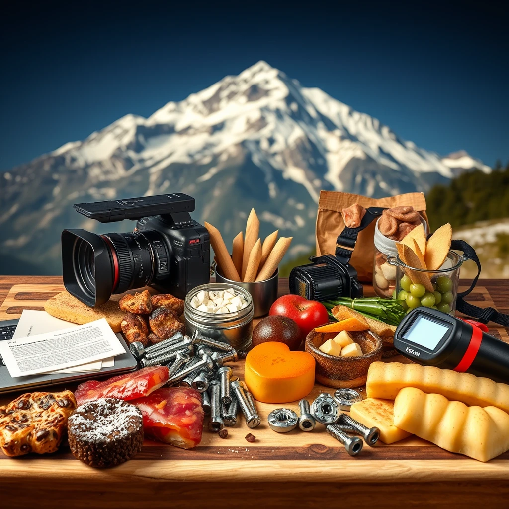 A Bavarian snack board with many different delicacies that look like food but are actually tools needed to make a film. Such as a cinema camera, laptop, screws, notes, LED light, mountain safety equipment, etc. In the background, there is a large mountain in a dramatic lighting situation.