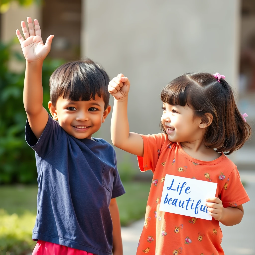 An image of two children shaking hands and raising their second hand in celebration, with one child holding a card that says "Life is beautiful."