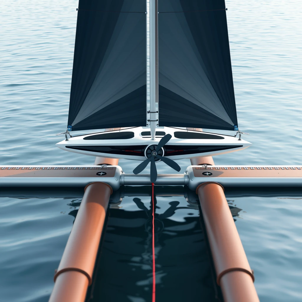 Photo of two rails floating just above the water surface with a gap in the middle. A modern pod is gliding on these rails using its huge sail mounted on top. A propeller is towed underwater by the pod in between these rails using magnets. - Image