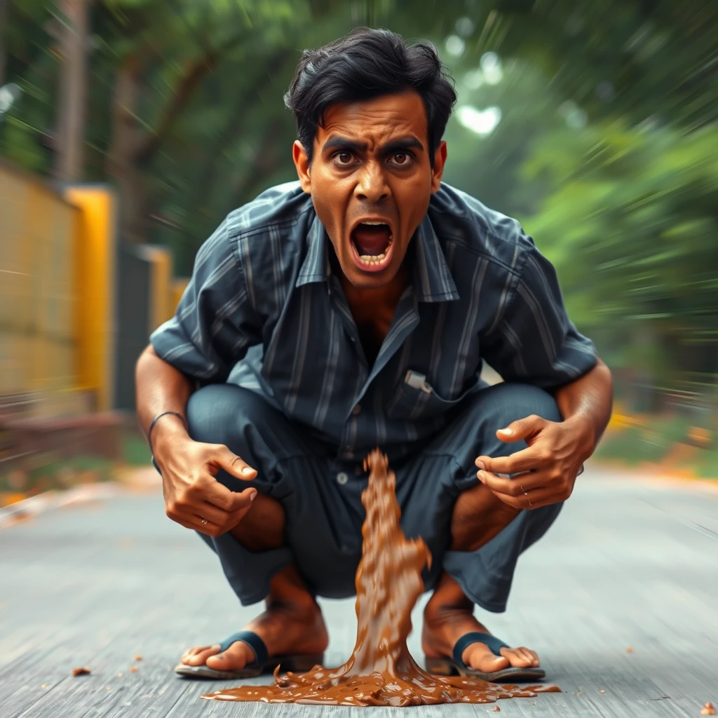 An Indian man squatting and defecating a high-pressure stream of brown liquid, flying away at high speed, 20 meters high, low-quality CCTV footage, angrily screaming at the camera with bulging eyes, front view, radial blur.