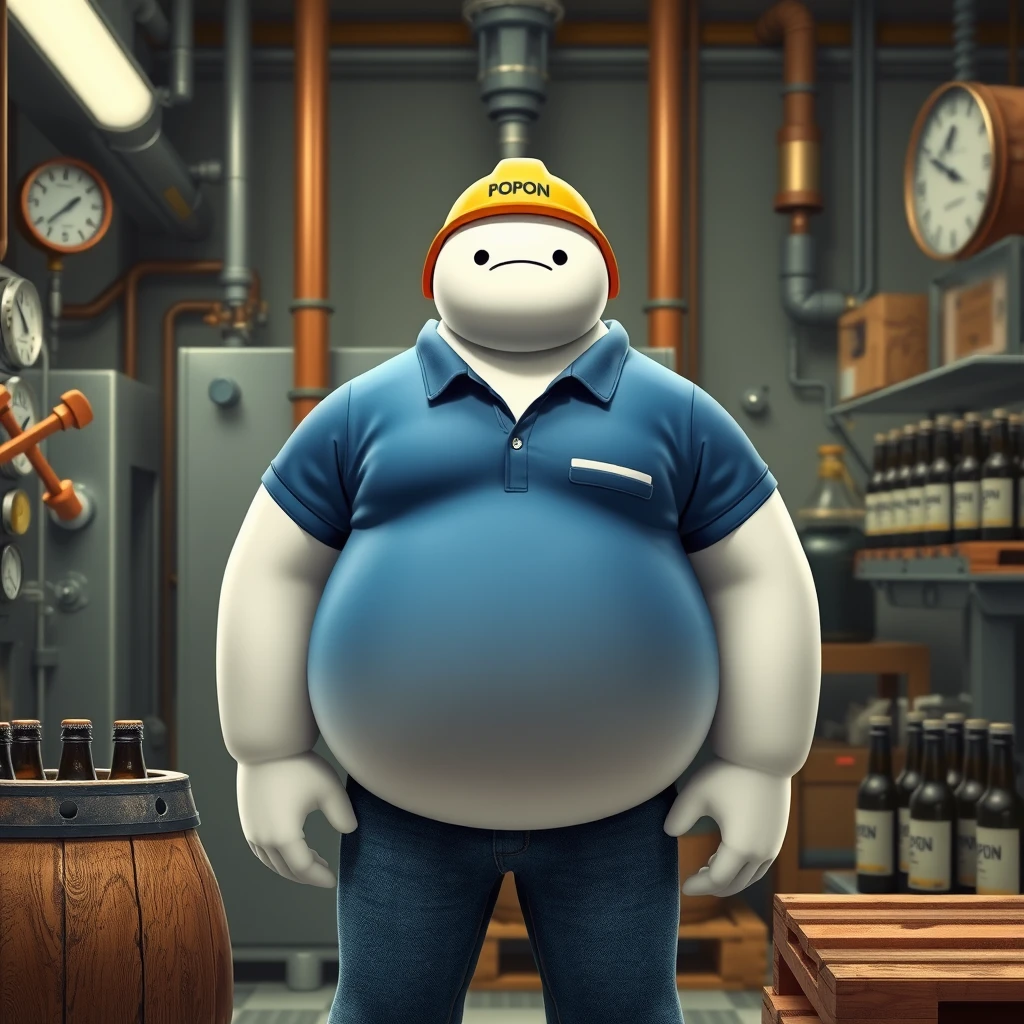 Baymax in a beer bottling plant surrounded by machinery, a barrel, gauges, measuring instruments, pallets, beer bottles, wearing a blue polo shirt that covers his entire torso, blue jeans, and a yellow helmet that has the word POPON written on it. - Image