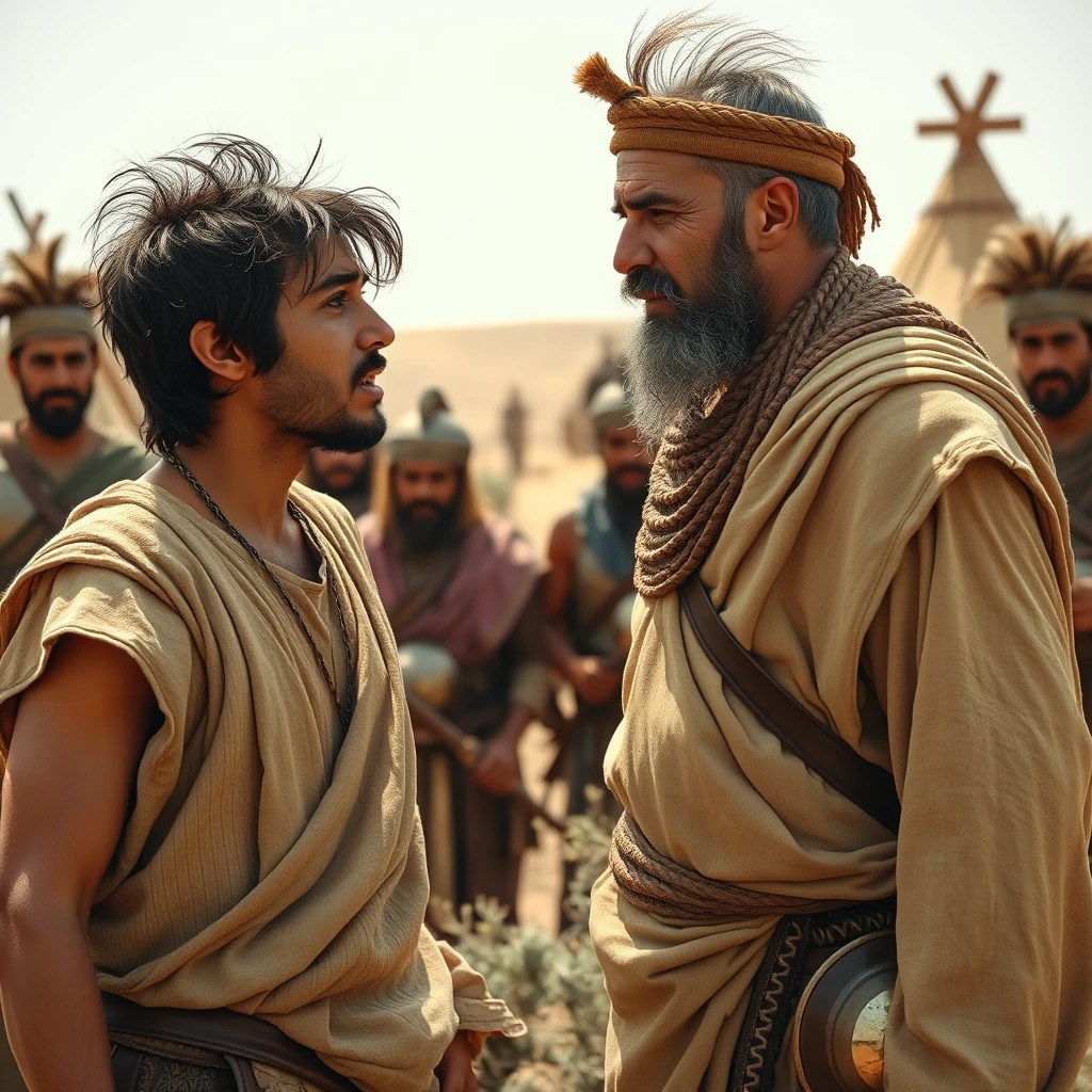 A young man with messy hair looks anguished and is passionately gesturing with a middle-aged man. The young man is dressed in ancient biblical shepherd's attire, while the older man resembles Hammurabi, the Mesopotamian King. The young man stands apart from the middle-aged man. Both men are surrounded by a diverse group of men in ancient Israelite Bronze Age soldier armor. In the background, there are Bedouin tents pitched on desert shrubland. Dramatic lighting. - Image