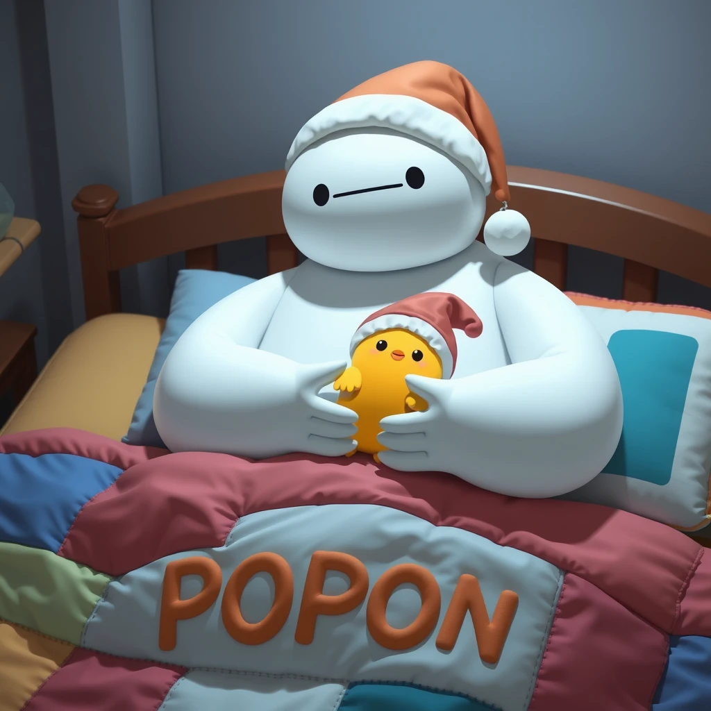 Baymax at night with a colored nightcap, holding a cute yellow kawaii hatchling with a nightcap in the cutest kawaii bed in the world with the word POPON sewn on the patchworked padding.