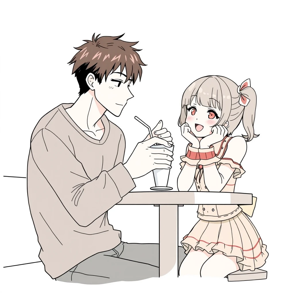 The boy was sitting and gently feeding his girlfriend a cup of ice cream, while the girl, dressed in a cute outfit, looked happy, supporting her cheeks in her hands at the table. The boy is tall and handsome. Anime lineart. - Image