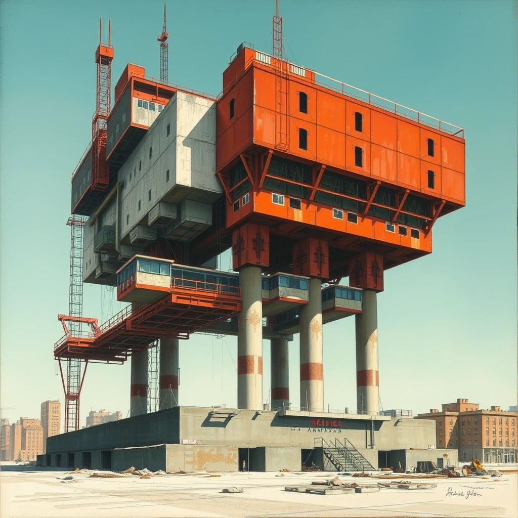 gouache painting moody brutalist megastructure assembly drawing by (((Kazuo Oga)))