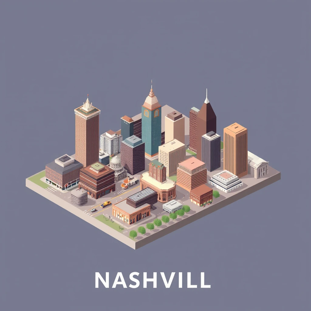 Modern wall art style isometric graphic of Nashville city. - Image