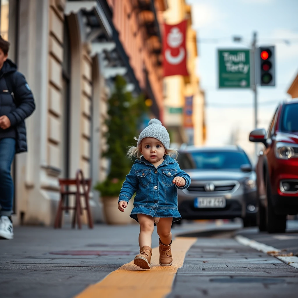 toddler girl walking on city street