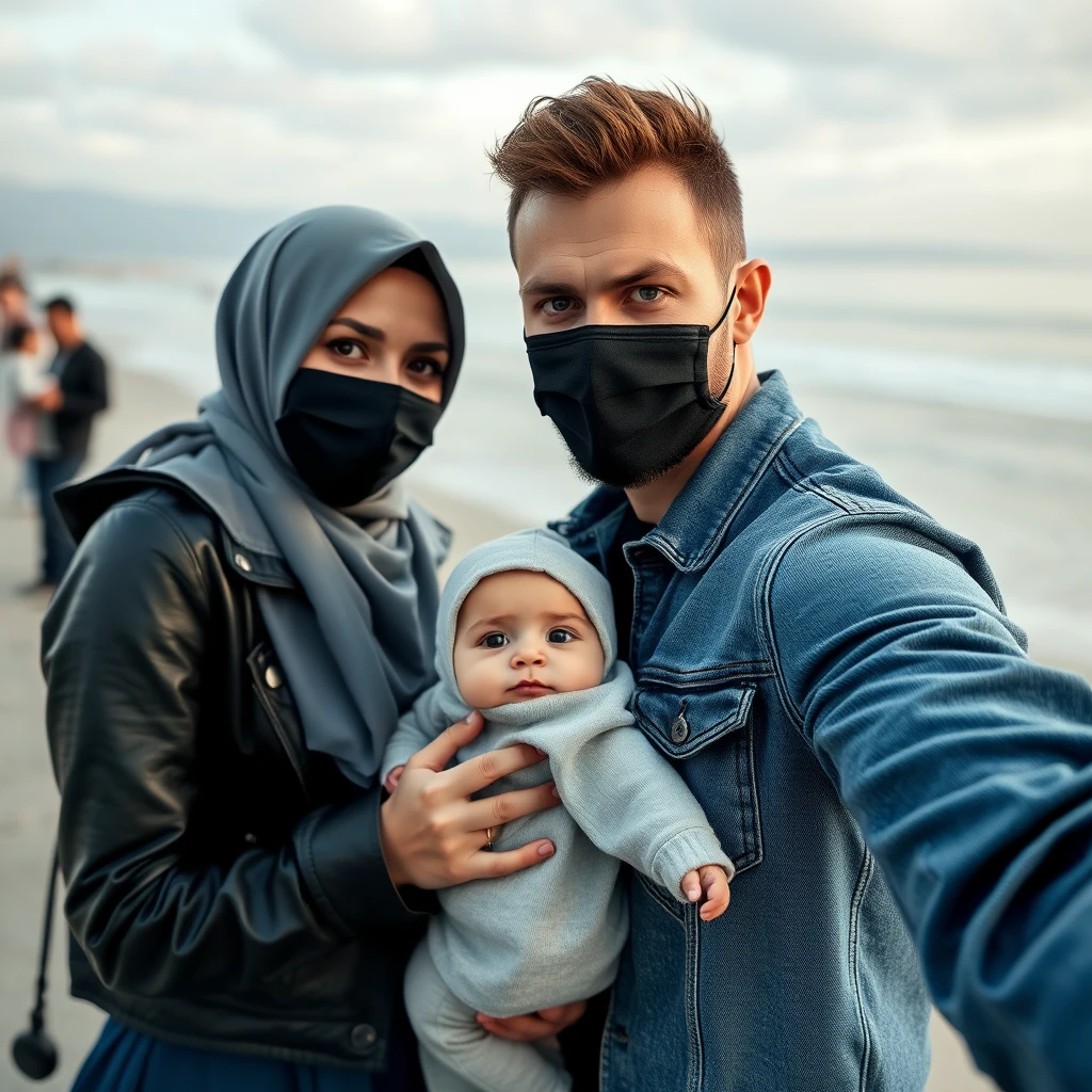 Jamie Dornan's head and body shot, handsome, black face mask, denim jacket, jeans, dating, love couple with the biggest grey hijab Muslim girl, beautiful eyes, black face mask, black leather jacket, biggest skirt, at the beach, holding a baby, hyper-realistic, street photography, selfie. - Image