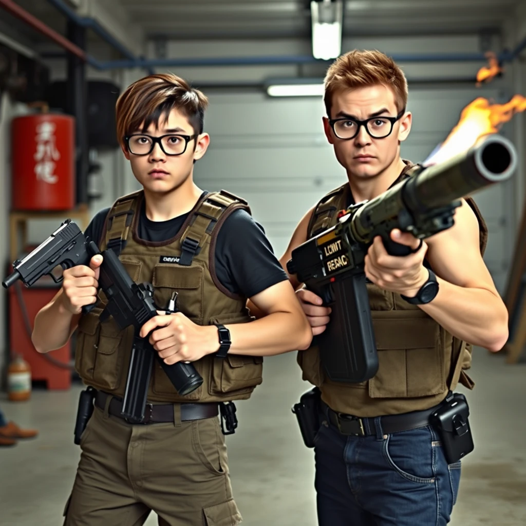 21-year-old white slim young northern Chinese man with a long face and square chin, wearing square glasses, holding a pistol, "medium/long length hair"; 21-year-old white Italian/Caucasian man wearing round glasses and short hair holding a very large fire extinguisher flamethrower; garage setting; both angry and wearing military vests. - Image