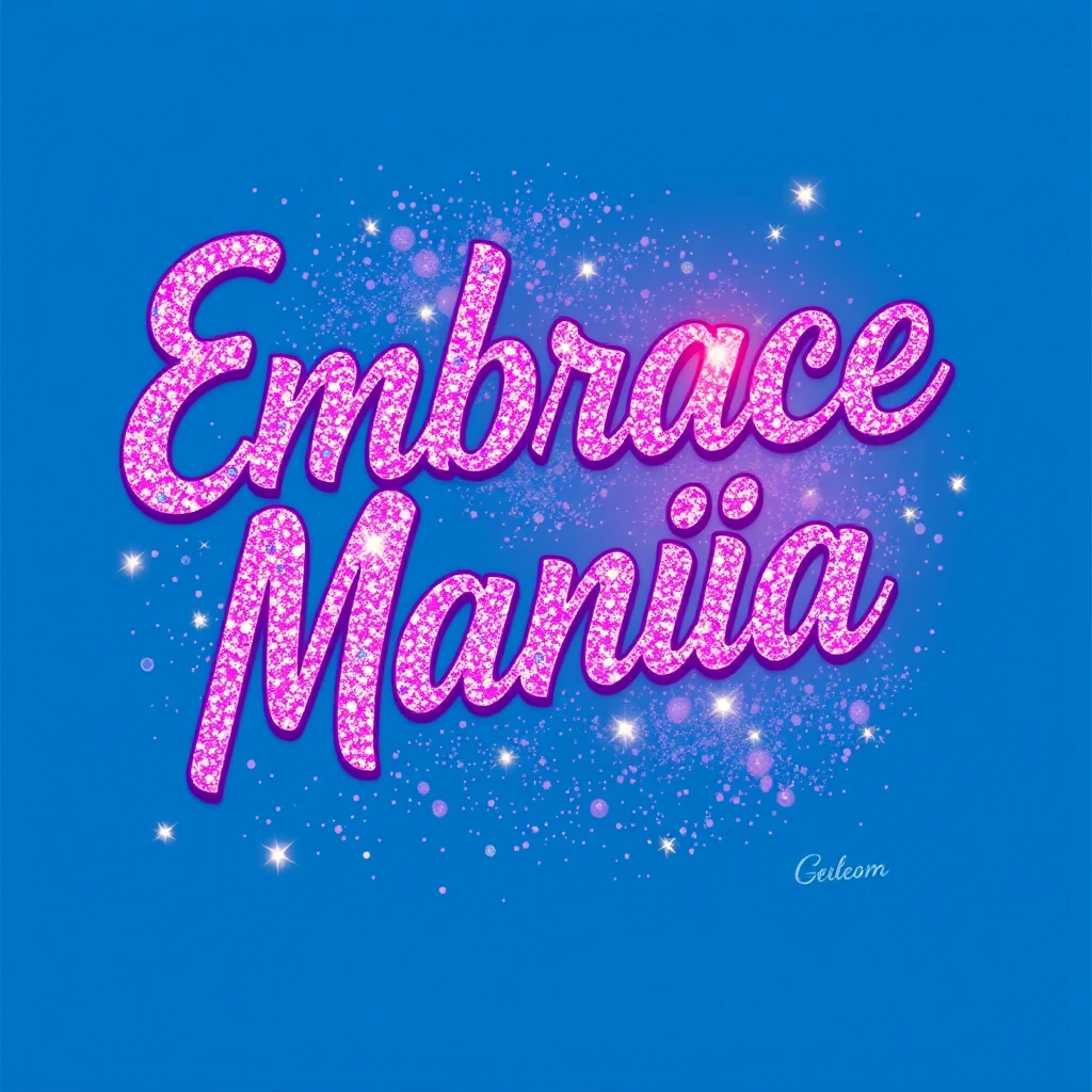 T-shirt design of fantastic vibrant glittery but ethereal text that says "Embrace Mania".