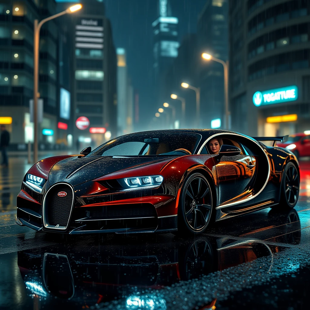 Bugatti La Voiture, Bugatti, masterpiece, highly detailed photorealistic 8k raw photo, rainy night, night, bright tones, real light and shadow, best cinematic quality, volumetric lighting and shadows, 1 girl driving car, spark, cutting-edge design, showcasing sleek lines, advanced features, innovation, futuristic cityscape, high-tech laboratory, futuristic cityscape background, full shot, shiny and reflective bodywork, 8k. - Image