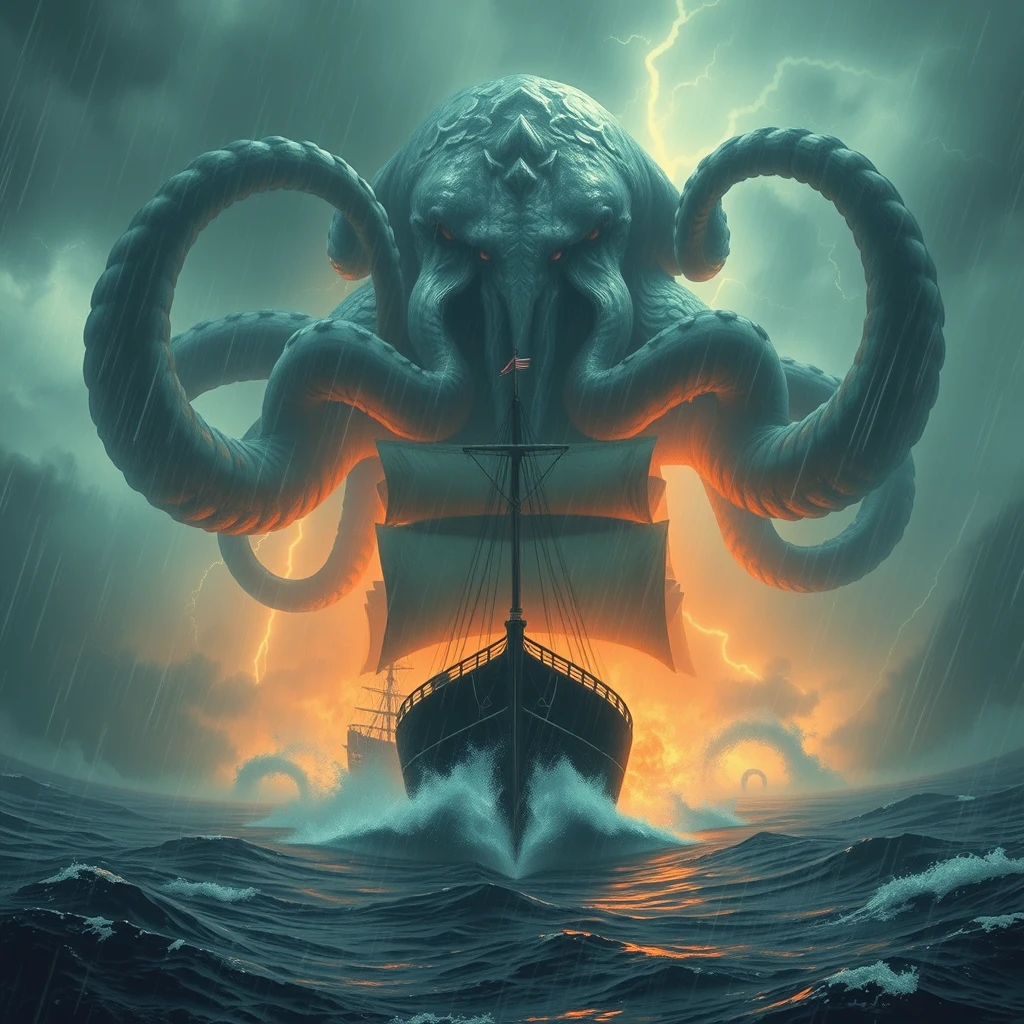 A huge ship carries a huge horrifying Cthulhu towards the camera, with wind, rain, thunder and lightning