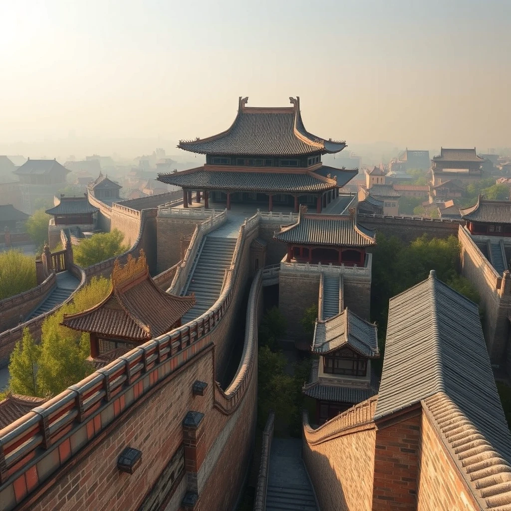 Ancient Chinese architecture, city walls, top view, vertical perspective, national style game style. - Image