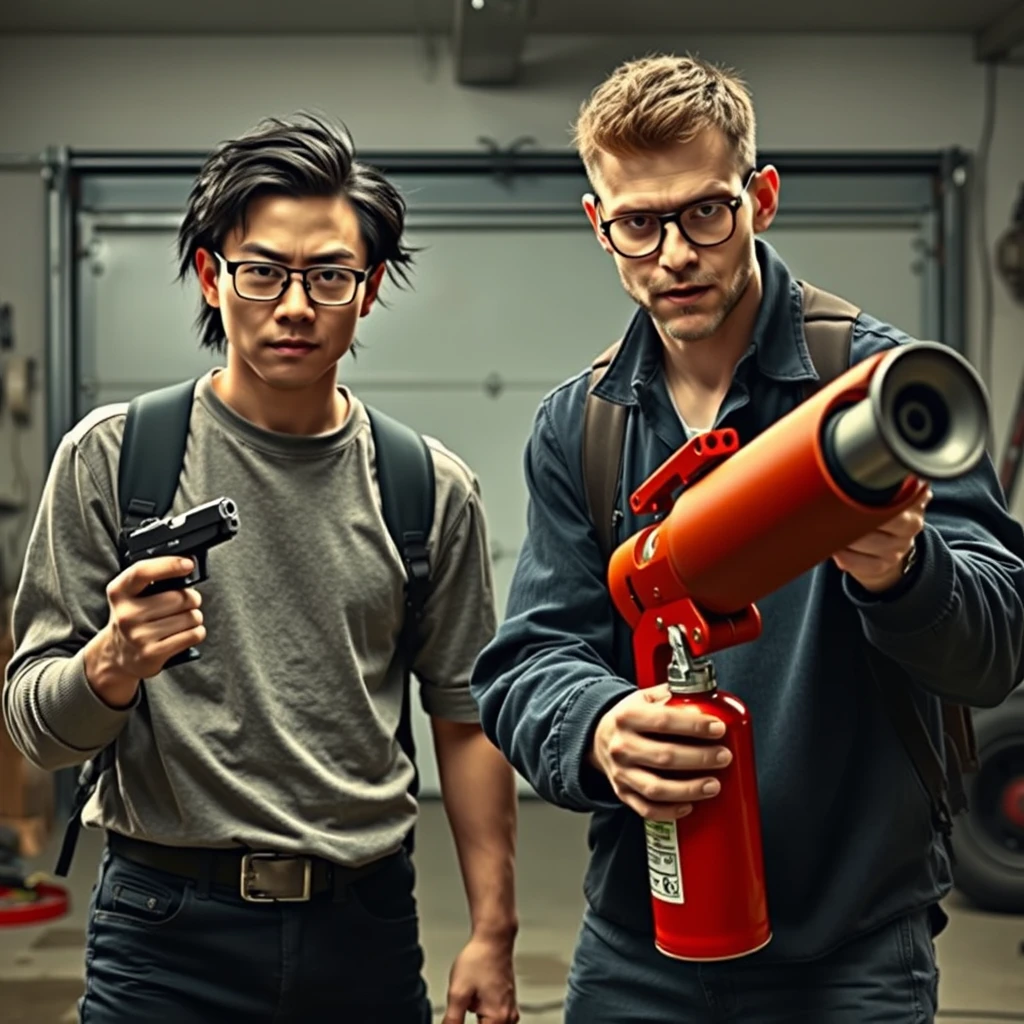 21-year-old white Chinese man with square glasses, long black hair, holding a pistol; 21-year-old white Italian man with round prescription glasses and short hair holding a very large fire extinguisher flamethrower, in a garage setting, both angry.