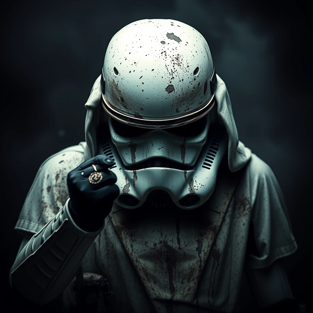 a ghost, dirty, horrible, stormtrooper, dark backgroud