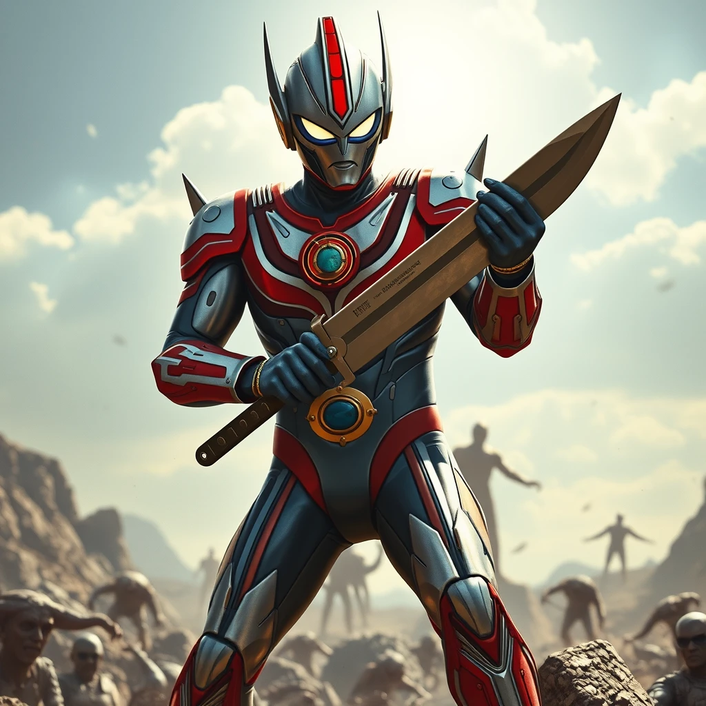 Ultraman, carton, fighting aliens with big knife