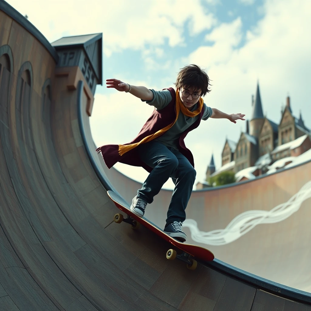 Photo realistic: Harry Potter with skateboard in the halfpipe. - Image