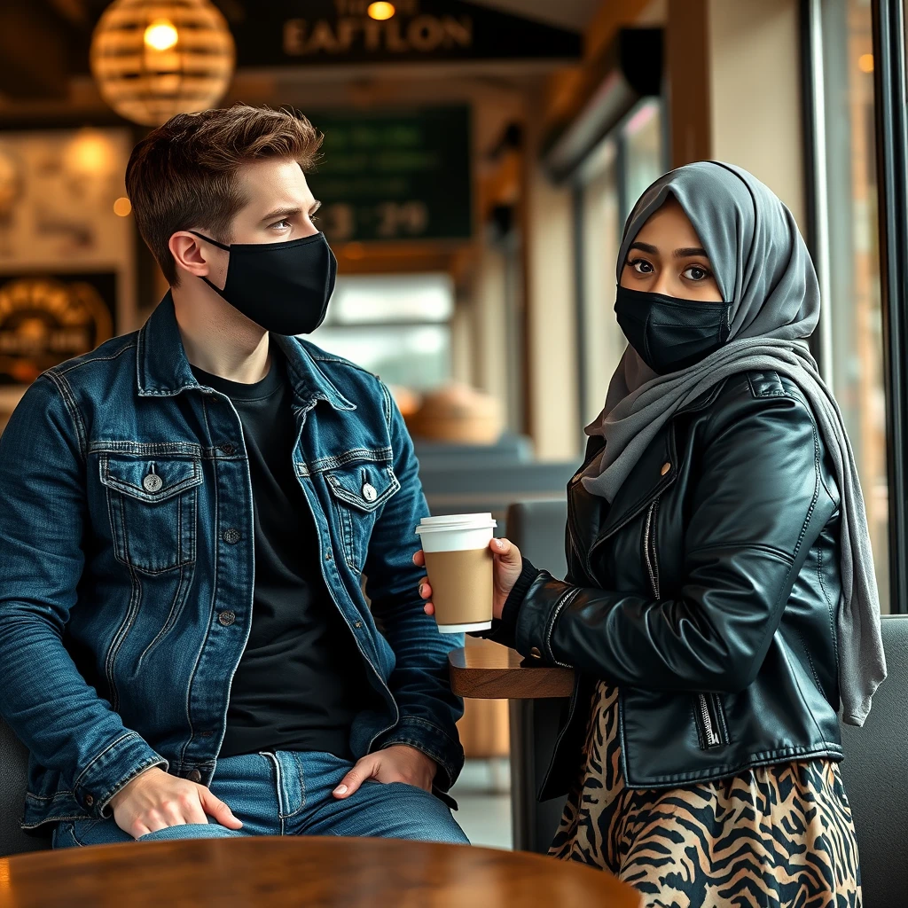 Jamie Dornan's head and body shot, handsome, black face mask, blue jeans jacket, jeans, dating a Muslim girl in a grey hijab, beautiful eyes, black face mask, black leather jacket, biggest tiger pattern skirt, at a cafe, cup of latte, photorealistic.