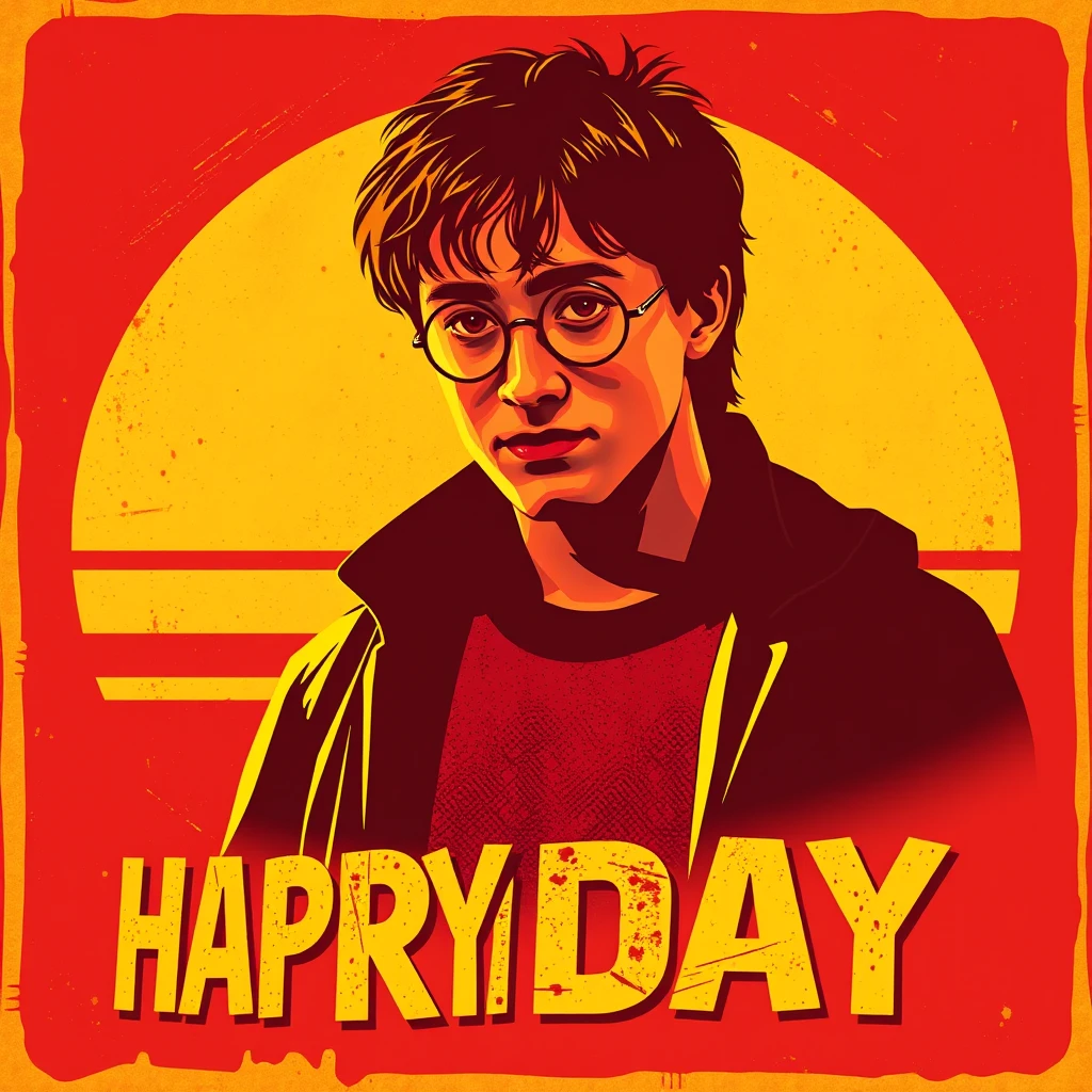 Vintage retro sunset distressed red and yellow style design, Daniel Redcliffe as Harry Potter, with text “HAPPY FRIDAY”, typography, graffiti, 3d render, 4k, vibrant.