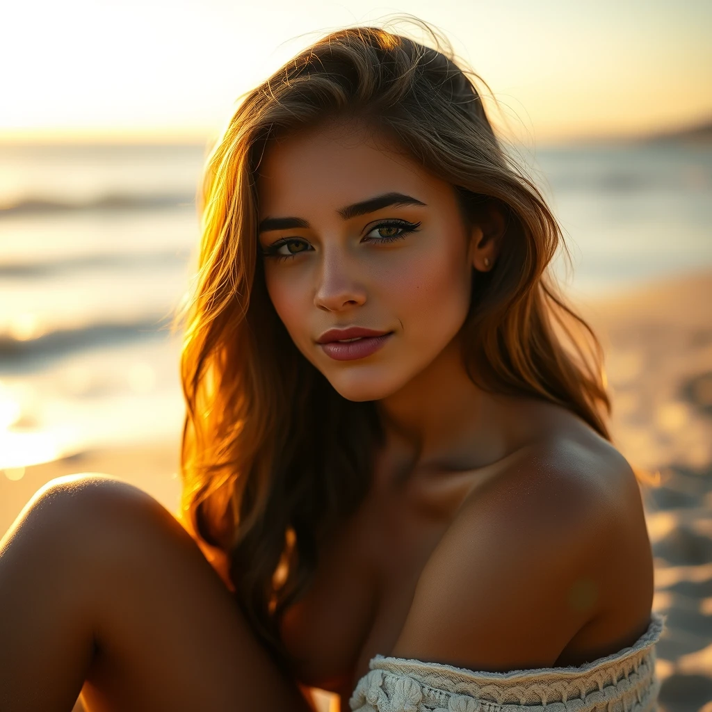 Portrait of a girl, the most beautiful in the world, (nude :1.2), full body, suntanned skin, outdoors, intense sunlight, ocean, professional photograph of a stunning woman, detailed, sitting on the beach, shy, bashful, blushing, sharp focus, dramatic, award winning, cinematic lighting, volumetrics dtx, (film grain, blurry background, blurry foreground, bokeh, depth of field, sunset, interaction, ), (masterpiece), (extremely intricate:1.3), - Image