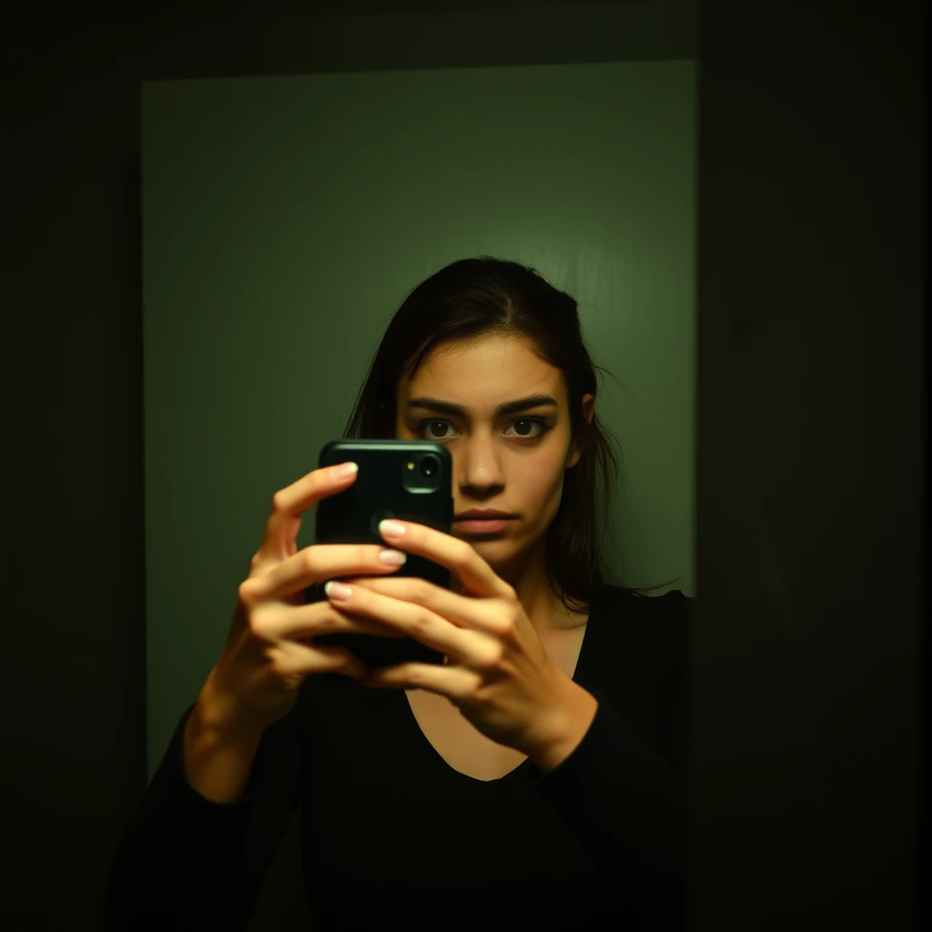 Phone photo: A woman stands in front of a mirror capturing a selfie. The image quality is grainy, with a slight blur softening the details. The lighting is dim, casting shadows that obscure her features. Her expression is casual, full of concentration, while the old iPhone struggles to focus, giving the photo an authentic, unpolished feel. The mirror shows smudges and fingerprints, adding to the raw, everyday atmosphere of the scene. - Image